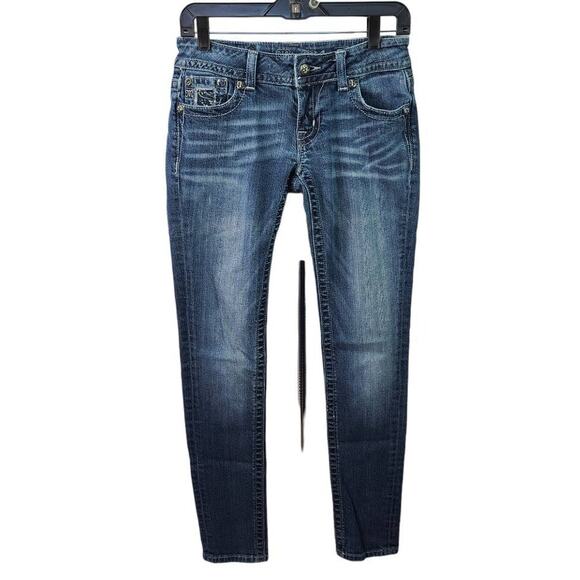 Miss Me Blue Denim Bling Jeans Distressed Flap Pocket Skinny Low Rise 27 - Picture 2 of 4